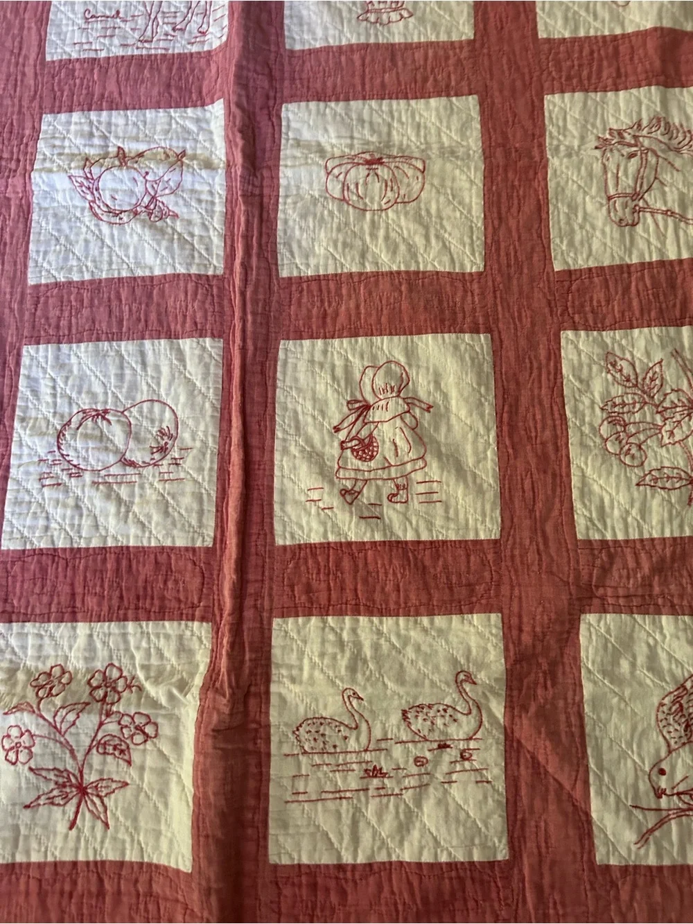 Vintage/ Antique Hand-Quilted Redwork Patchwork Quilt - Red and Cream